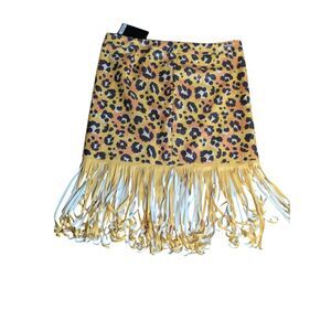 Lucky & Blessed 2X Plus Size Animal Print Fringe Skirt Yellow Combo Trendy Boho